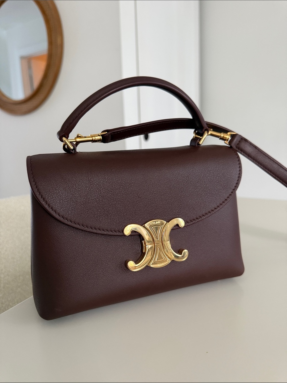 Nino Celine Chocolate Brown Small Top-Handle Satchel with Gold Triomphe Hardware